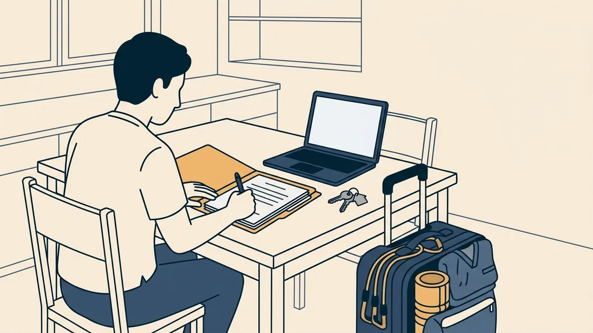 A travel physical therapist signs a contract at a kitchen table beside a half-packed suitcase of therapy gear.