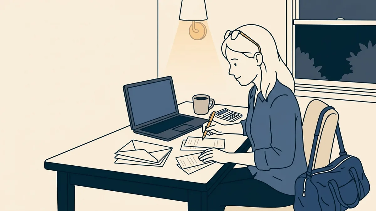 A physical therapist works through receipts and envelopes with a calculator at a kitchen table in the evening.