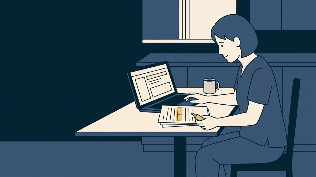 A physical therapist in scrubs reviews an online license record on a laptop in a break room.