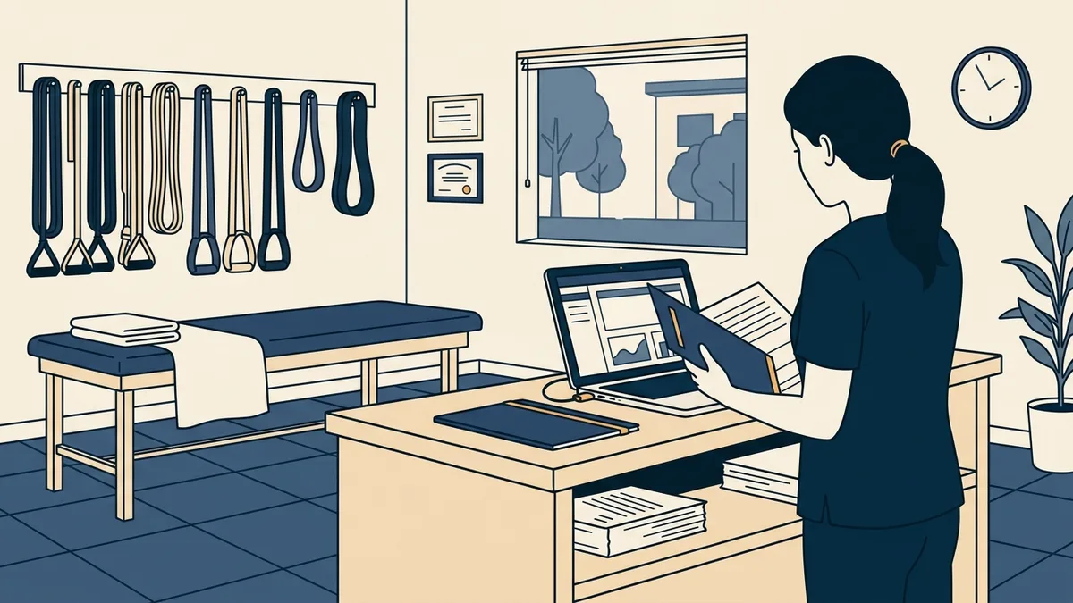 A physical therapist at a clinic desk checks a laptop while holding an application folder.